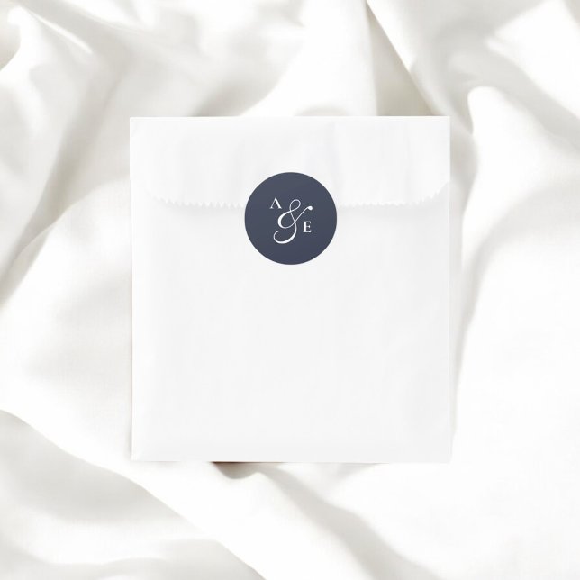 Navy Blue Monogram Script Ampersand Wedding Classic Round Sticker (Creator Uploaded)