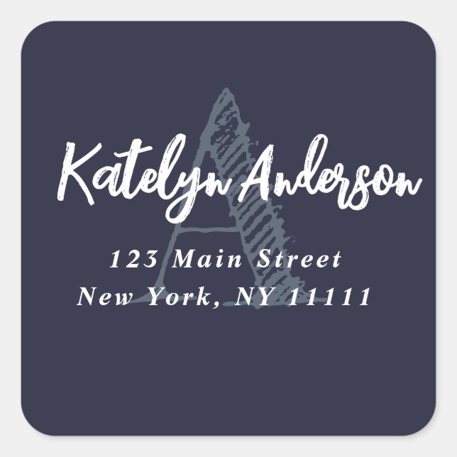 Navy Blue Monogram Square Return Address Label (Front)