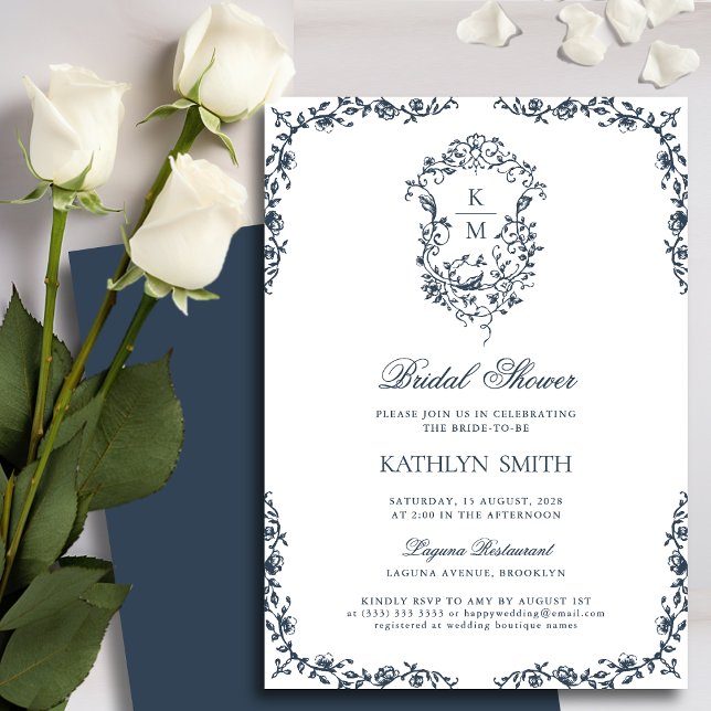 Navy Blue Monogram Vintage Crest Bridal Shower Invitation (Creator Uploaded)