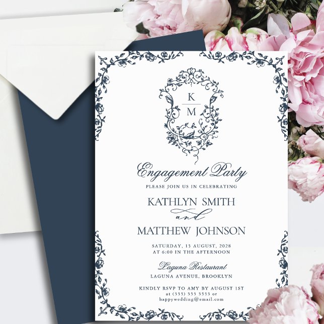 Navy Blue Monogram Vintage Crest Engagement Party Invitation (Creator Uploaded)