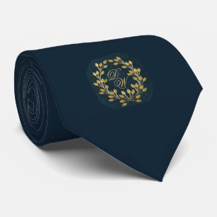 Navy Blue Monogram Vintage Gold Wreath 2 Initials Tie