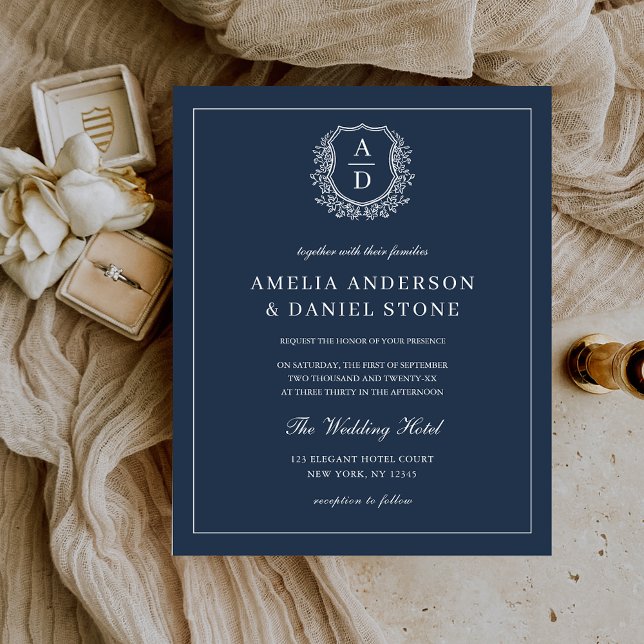 Navy Blue Monogram Wedding Elegant Invitation (Creator Uploaded)