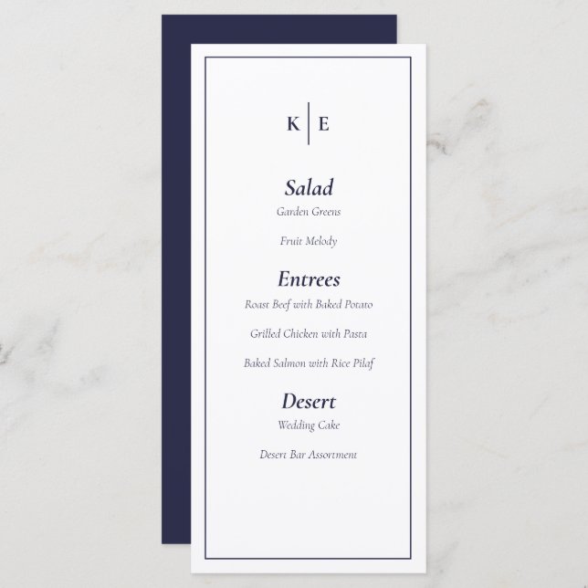 Navy Blue Monogram Wedding Menu Card (Front/Back)