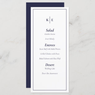 Navy Blue Monogram Wedding Menu Card