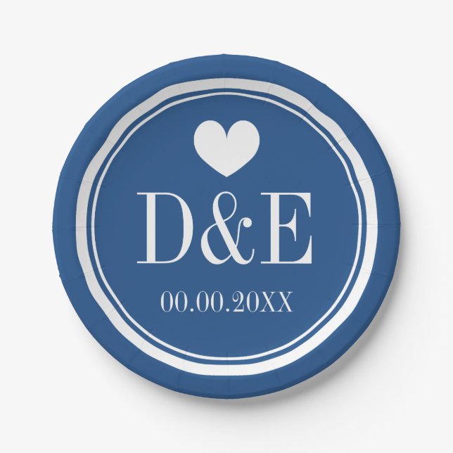Navy blue monogram wedding party paper plates (Front)