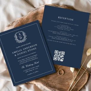 Navy Blue Monogram Wedding QR Code Invitation Flyer