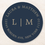 Navy Blue Monogram Wedding Round Paper Coaster<br><div class="desc">Modern and minimalist wedding Sticker featuring your two initial monogram and address. A simple design that still comes across as chic and stylish. These envelopes are a great way to add an elegant touch to your wedding invitation suite.</div>