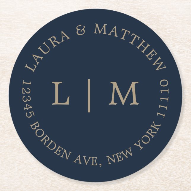 Navy Blue Monogram Wedding Round Paper Coaster (Front)