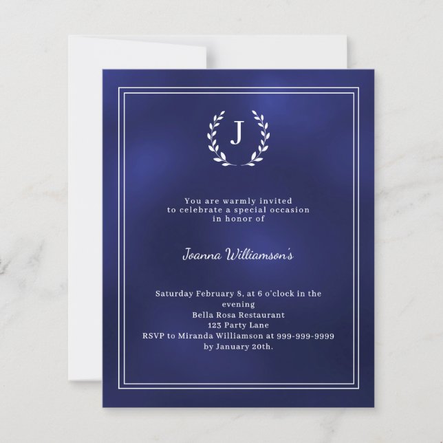 Navy blue monogram wreath age-neutral invitation (Front)