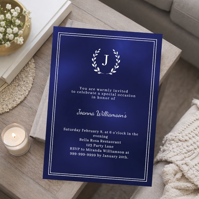 Navy blue monogram wreath milestone age-neutral invitation (Creator Uploaded)