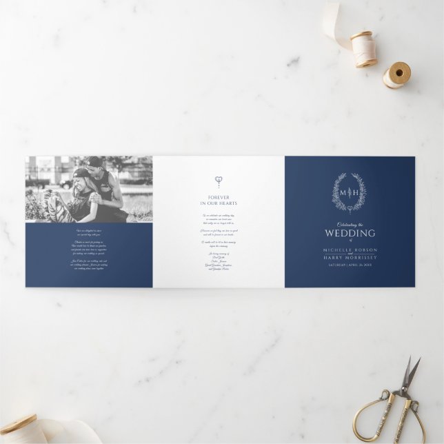 Navy blue monogram wreath story dedication wedding Tri-Fold programme (Outside)