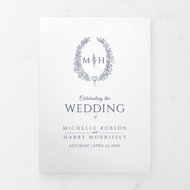 Navy blue monogram wreath story dedication wedding Tri-Fold programme (Cover)