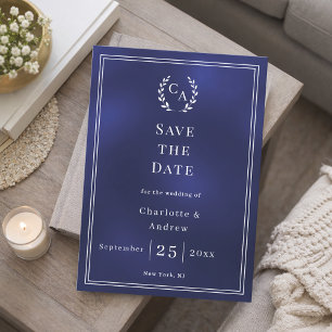 Navy blue monogram wreath wedding save the date