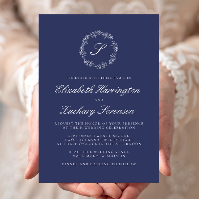 Navy Blue Monogram Wreath White Script Wedding Invitation (Creator Uploaded)