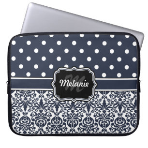 Navy Blue Monogrammed Damask Polka Dot Laptop Sleeve