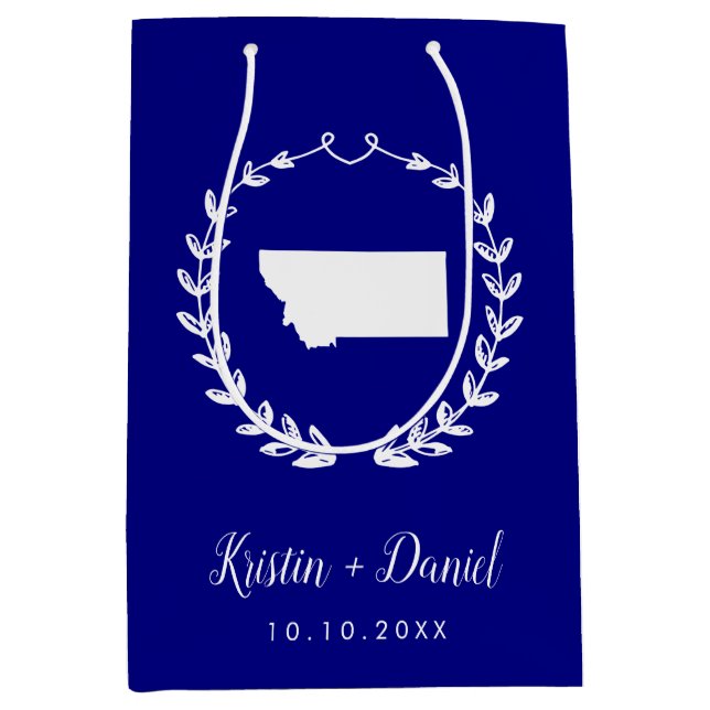 Navy Blue Montana Map Wedding Welcome Swag Medium Gift Bag (Front)