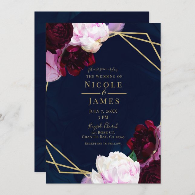 Navy Blue Moody Floral Modern Gold Glam Wedding Invitation (Front/Back)