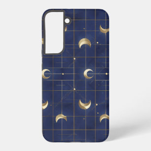 Navy Blue Moon and Gold Grid Design Samsung Galaxy Case