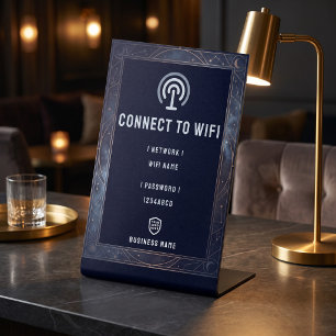 Navy Blue Moon and Stars Business Wifi Password Pedestal Sign