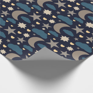 Navy Blue Moon Stars and Clouds Gift Wrap