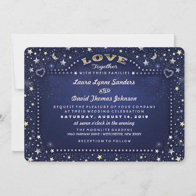Navy Blue Moon Stars Together with Families Invite (Front)