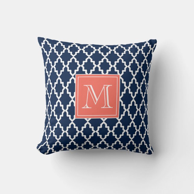 Navy Blue Moroccan Coral Monogram Cushion (Front)