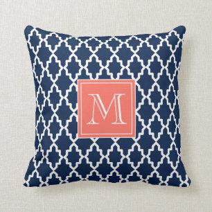 Navy Blue Moroccan Coral Monogram Cushion