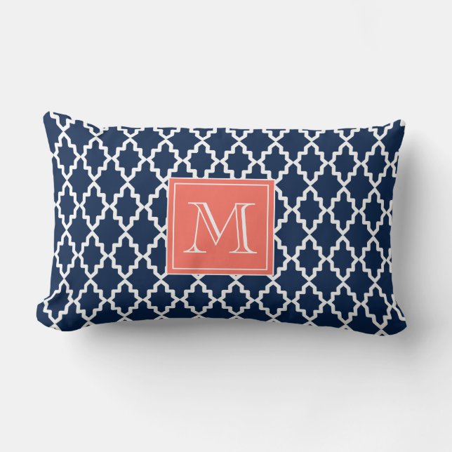 Navy Blue Moroccan Coral Monogram Lumbar Cushion (Front)