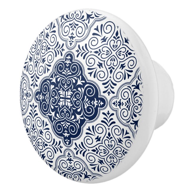 Navy-Blue Moroccan Floral Mandala Pattern Ceramic Knob (Right)
