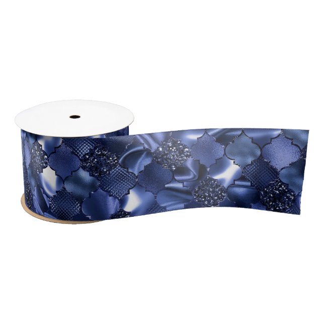 Navy Blue Moroccan Quatrefoil Pattern Satin Ribbon (Spool)