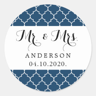 Navy Blue Moroccan Trellis, Quatrefoil, Wedding Classic Round Sticker