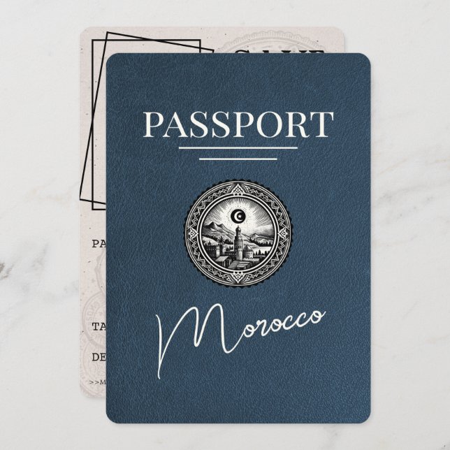 Navy Blue Morocco Passport Save The Date (Front/Back)