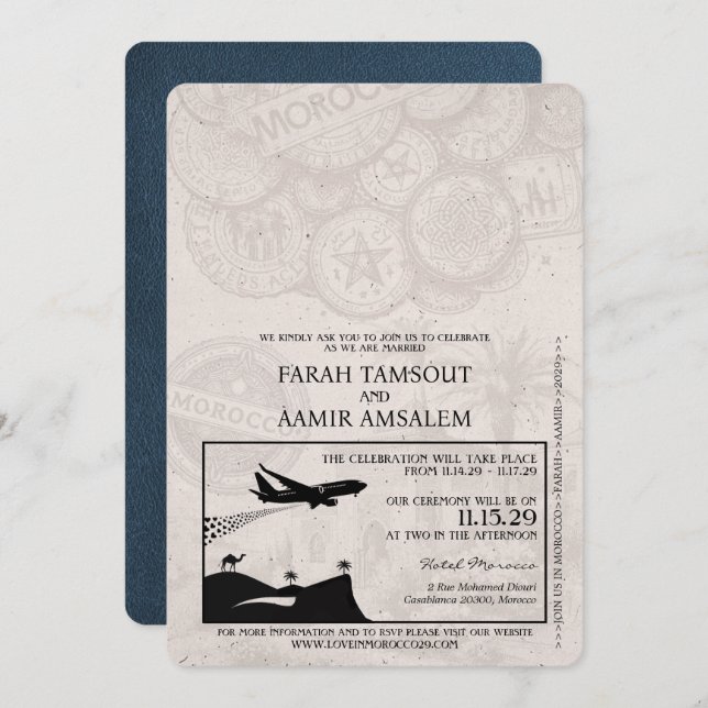 Navy Blue Morocco Passport Wedding Invitation (Front/Back)