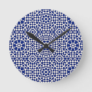 Navy Blue Mosaic Geometric Pattern Round Clock