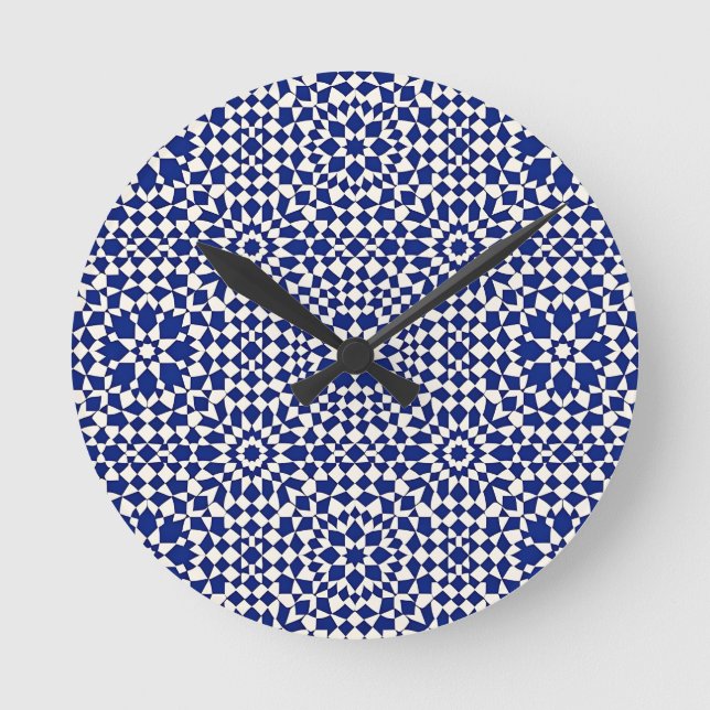 Navy Blue Mosaic Geometric Pattern Round Clock (Front)