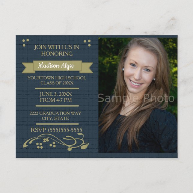 Navy Blue Moss Green Photo Graduation Party Card (Front)