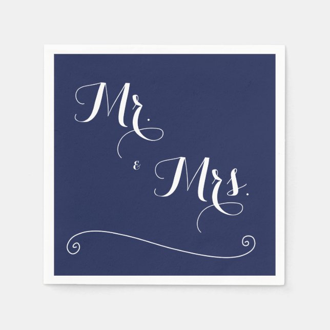 Navy Blue Mr. and Mrs. Elegant Wedding Napkins (Front)