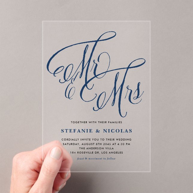 Navy Blue Mr. and Mrs. Rustic Calligraphy Wedding  Acrylic Invitations (Insitu (Handheld))