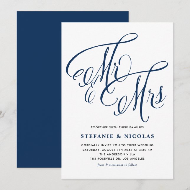 Navy Blue Mr. and Mrs. Rustic Calligraphy Wedding Invitation (Front/Back)