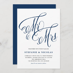 Navy Blue Mr. and Mrs. Rustic Calligraphy Wedding Invitation