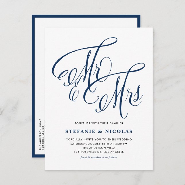 Navy Blue Mr and Mrs Rustic Calligraphy Wedding Invitation Postcard (Front/Back)