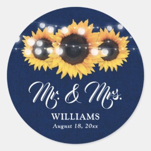 Navy Blue Mr and Mrs Sunflower Wedding Classic Round Sticker
