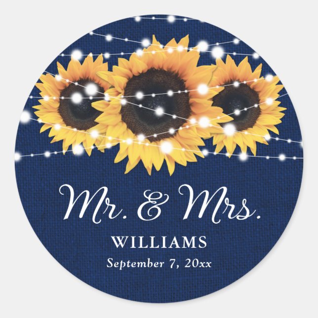Navy Blue Mr and Mrs Sunflower Wedding Stickers (Front)