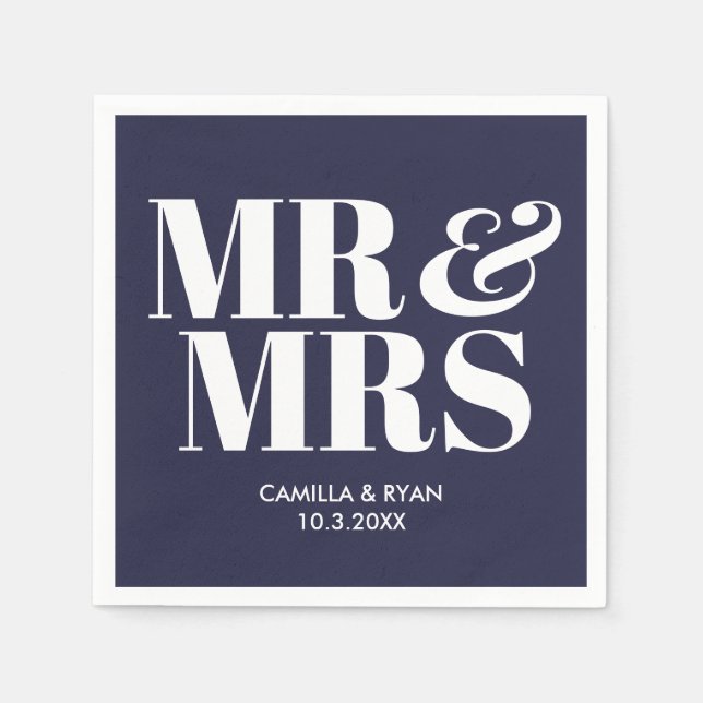 Navy Blue Mr & Mrs Personalised Wedding Napkins (Front)