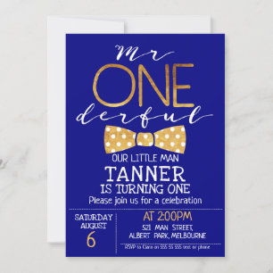 Navy Blue Mr One-derful Birthday Invitation