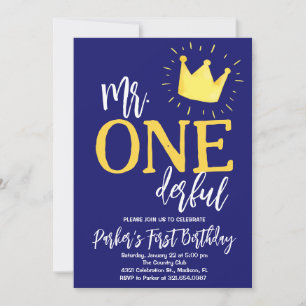Navy Blue Mr. Onederful Birthday Party Invitation