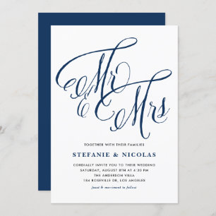 Navy Blue Mrs. and Mrs. Rustic Script Wedding Invitation