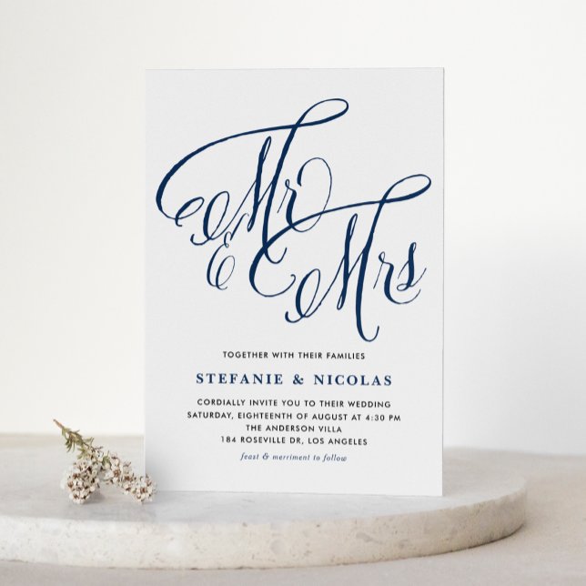 Navy Blue Mrs & Mrs Rustic Script QR Code Wedding Invitation (Navy Blue Mrs and Mrs Rustic Calligraphy QR Code Wedding Invitation)