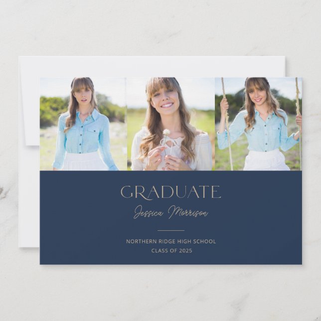 Navy Blue Multi Photo Modern Graduation Party Invitation (Front)