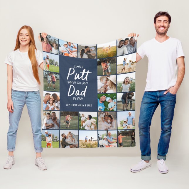 Navy blue multi photo modern minimal golf dad fleece blanket (In Situ)